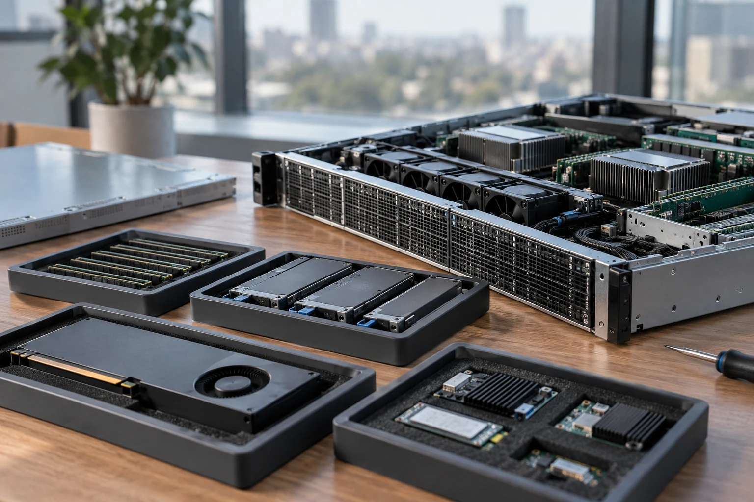 A computing appliance with its service cover removed and a few separately organized replaceable components in fitted trays.