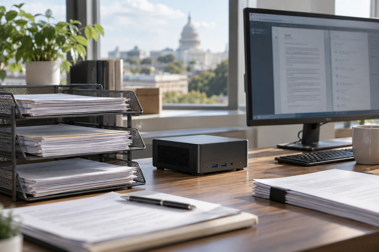 An ordinary document-processing station with a small local compute unit and a neatly organized source-file tray.