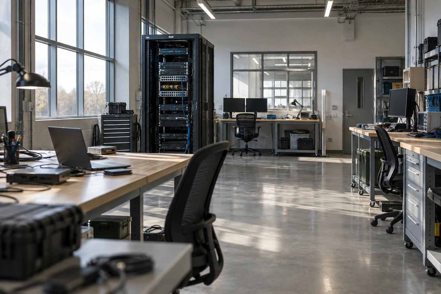 An empty software integration lab inside a practical industrial facility, with one modular test rack and several varied service benches.