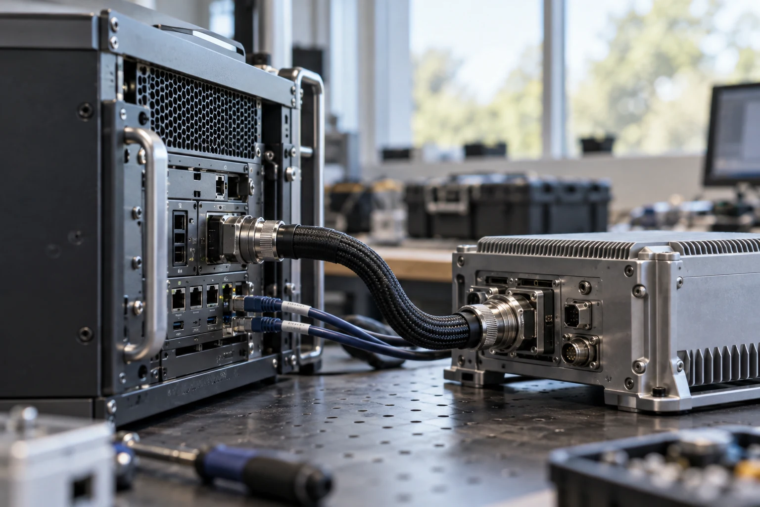 A clear physical interface between a prime system enclosure and a compact specialist module on an integration bench.