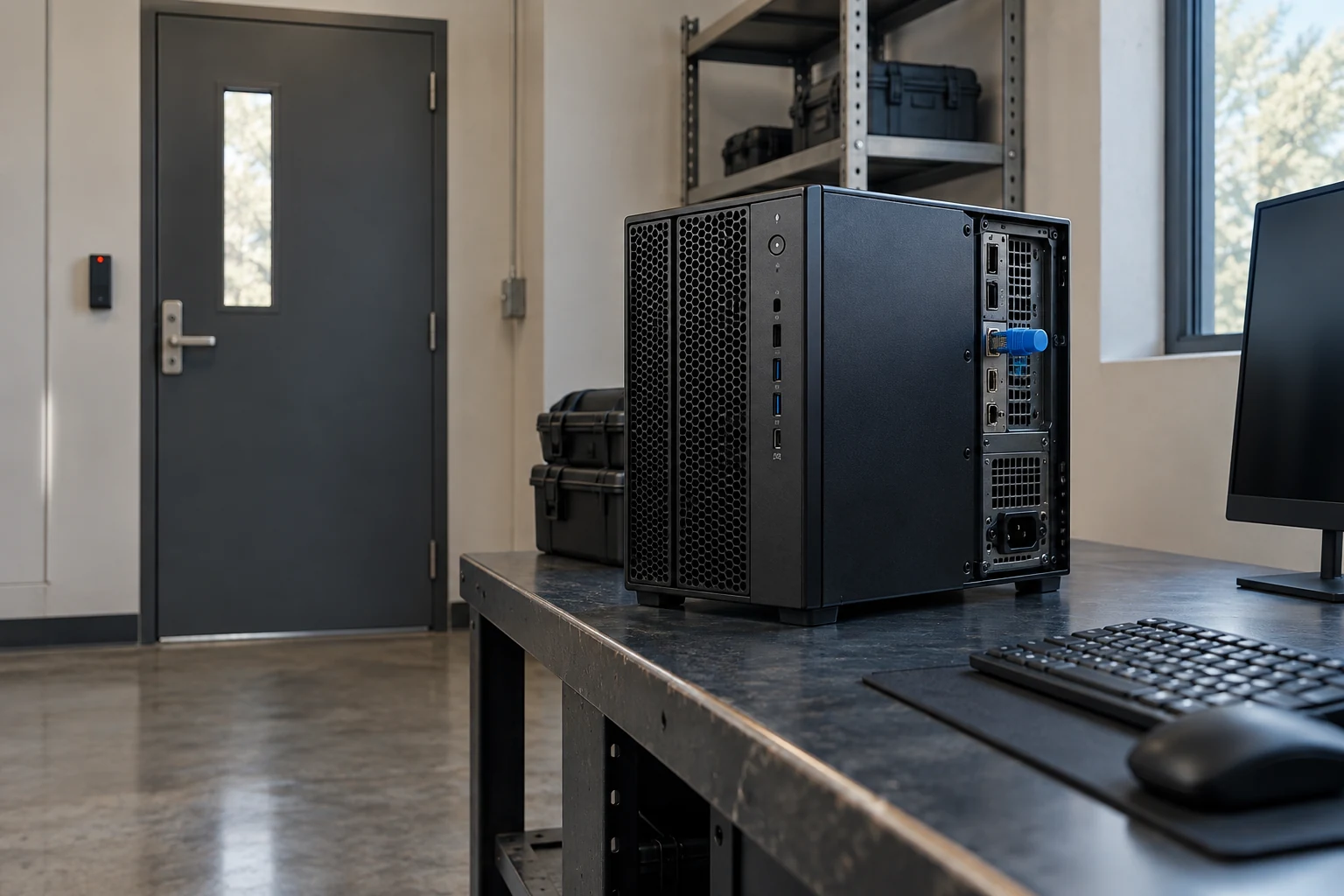 A compact isolated compute workstation in a small access-controlled room, with its unused network port visibly capped.