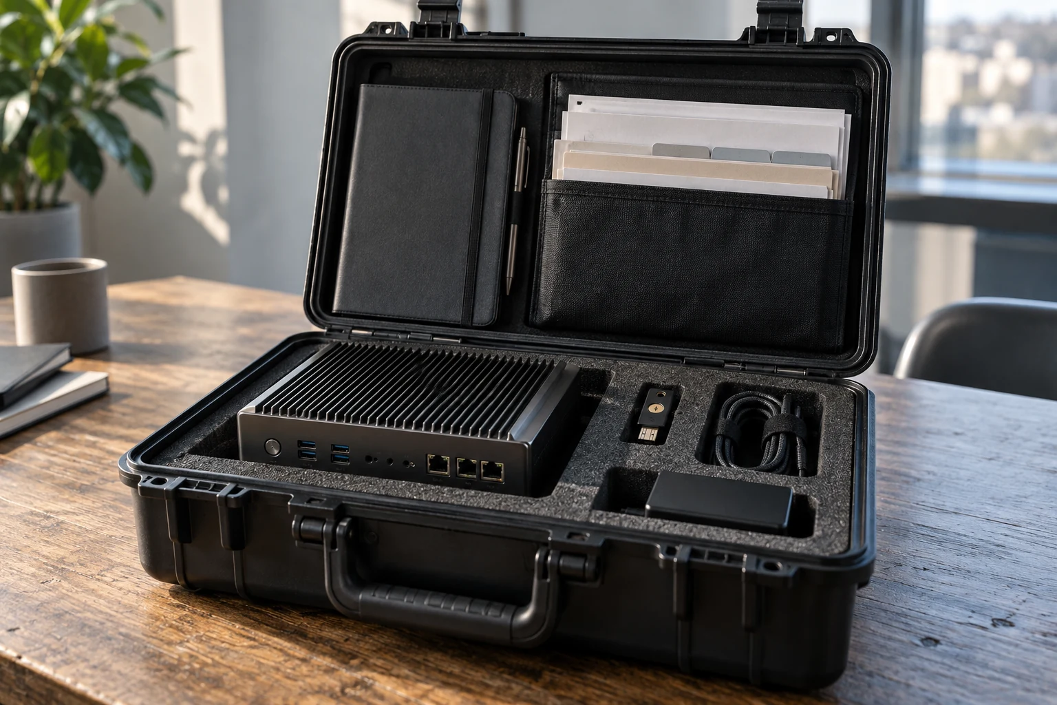 A real application commissioning kit with a serviceable appliance, authentication token and organized evidence folio in a plain fitted case.