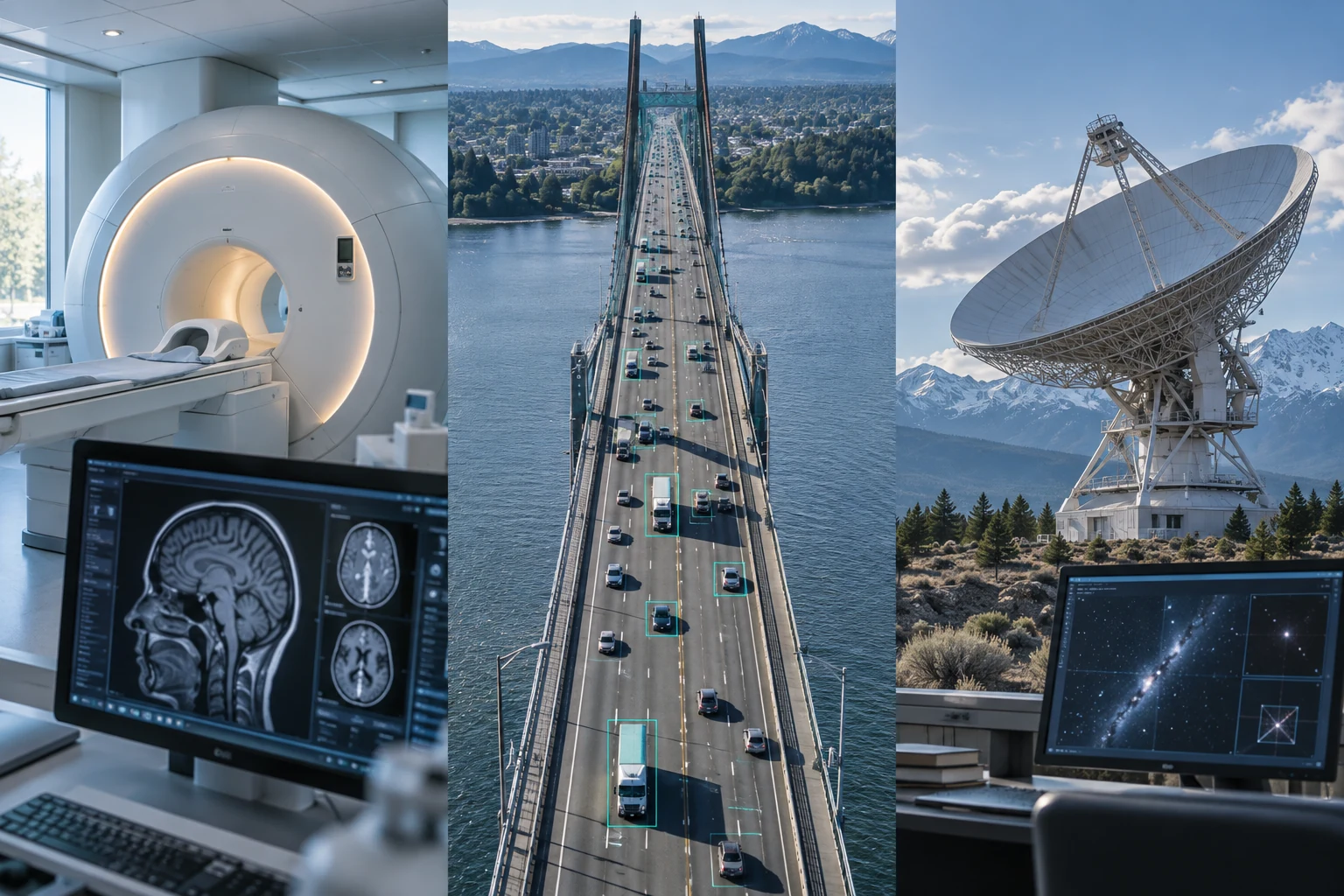 Photorealistic triptych of an MRI scanner, traffic on a bridge and a radio observatory, each paired with an illustrative data view.