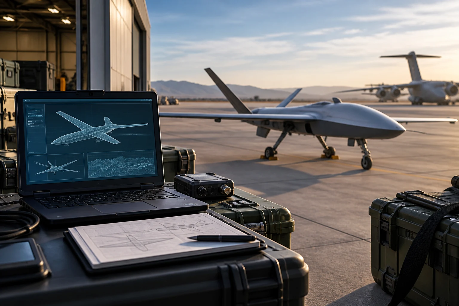 A rugged laptop displaying an aircraft design beside field equipment and an uncrewed aircraft on an apron.