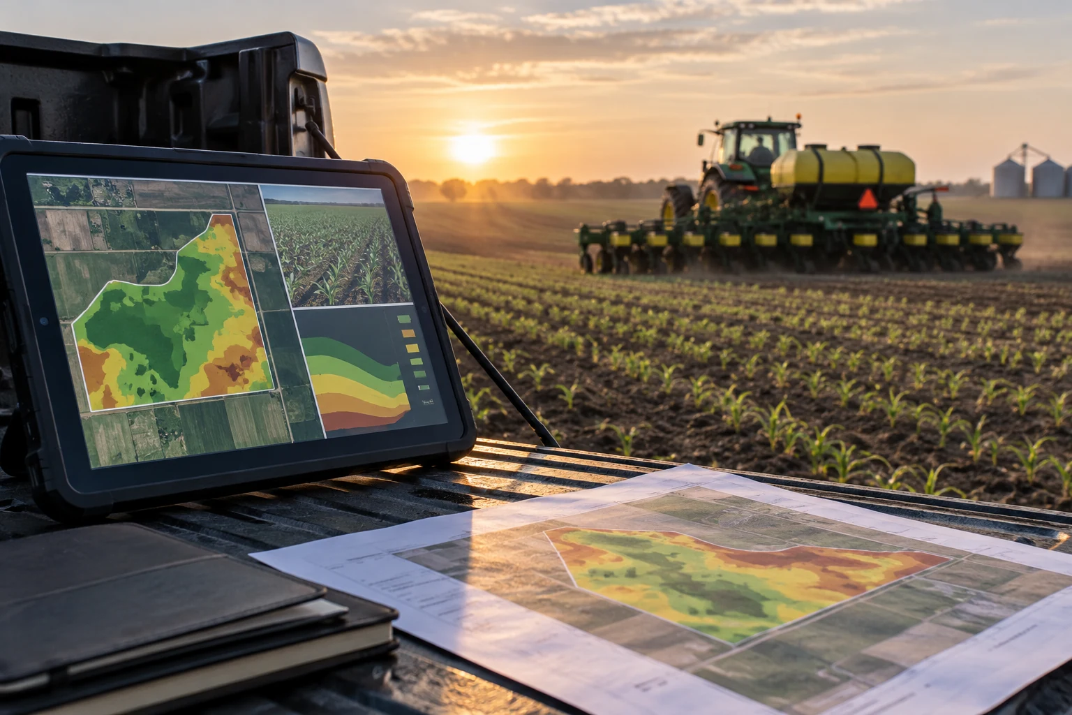 A tablet displaying conceptual field zones and uncertainty beside printed maps, with a tractor operating in the background.