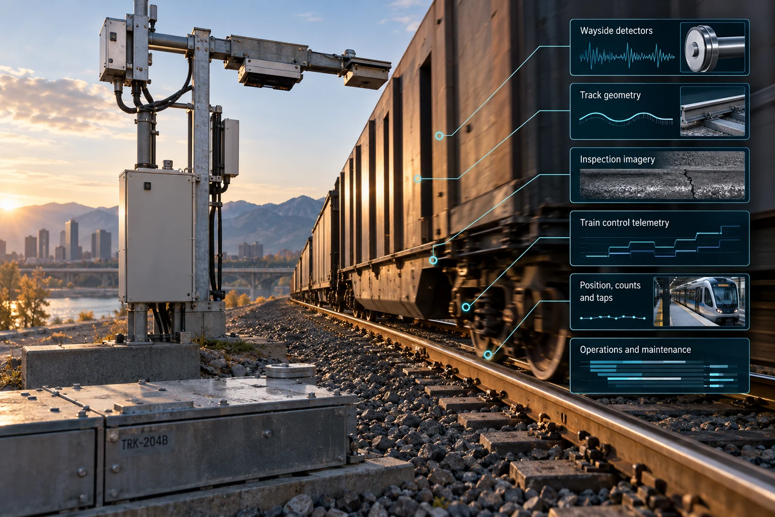 Rail-side sensing equipment beside a freight train and inset inspection and telemetry views.