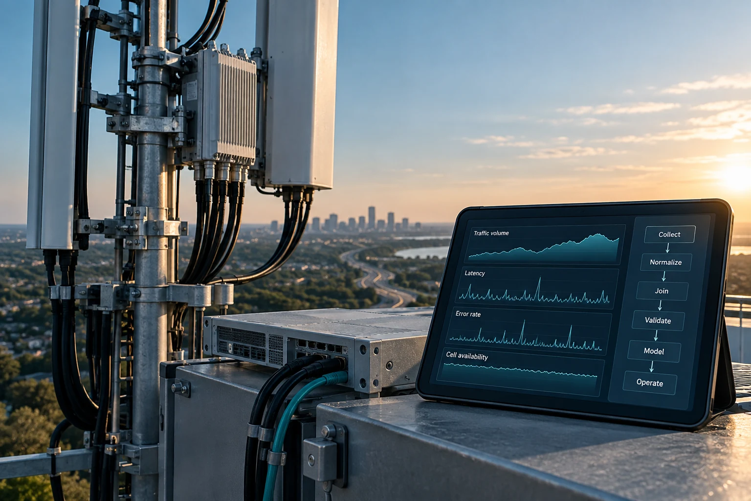 Telecommunications radios and cables beside a tablet displaying qualitative network signals.