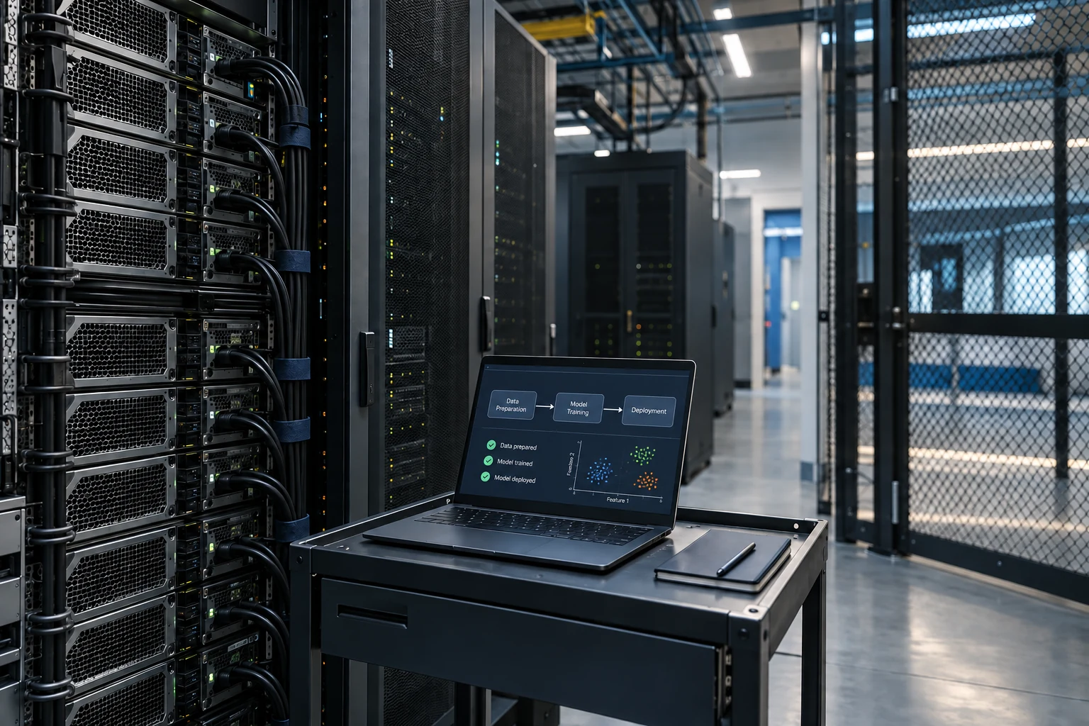 Server racks beside a laptop displaying data preparation, model training and deployment.