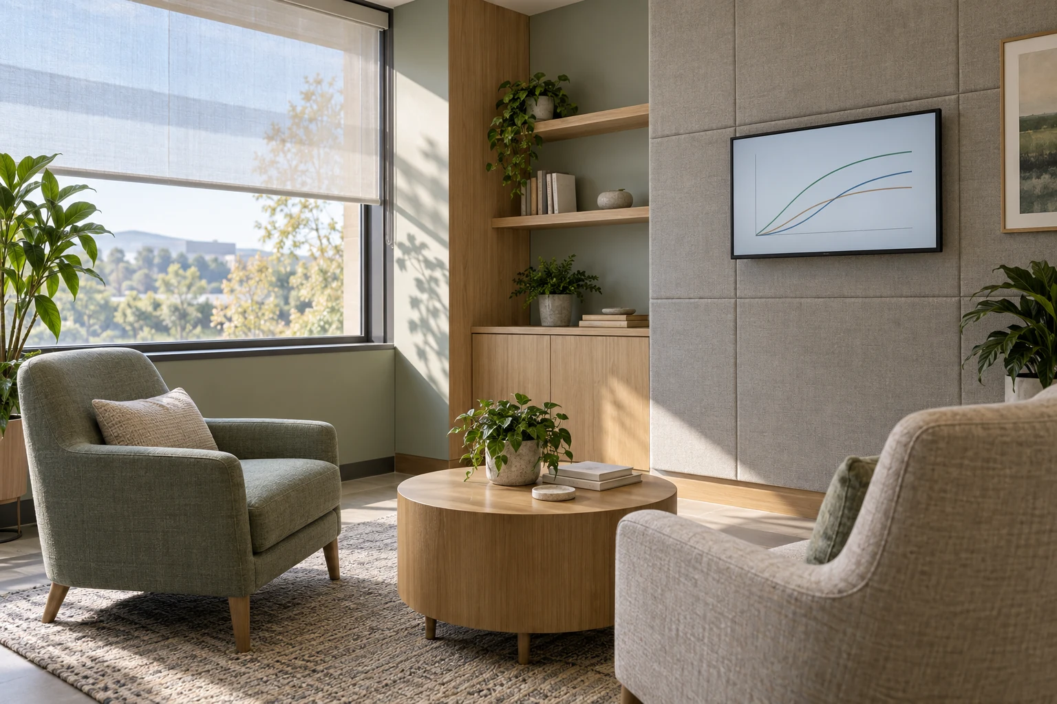 Empty behavioral-health consultation room with a small wall display showing illustrative evaluation curves.