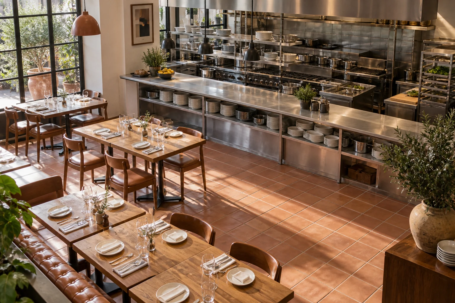 Restaurant dining area and open kitchen prepared for service.