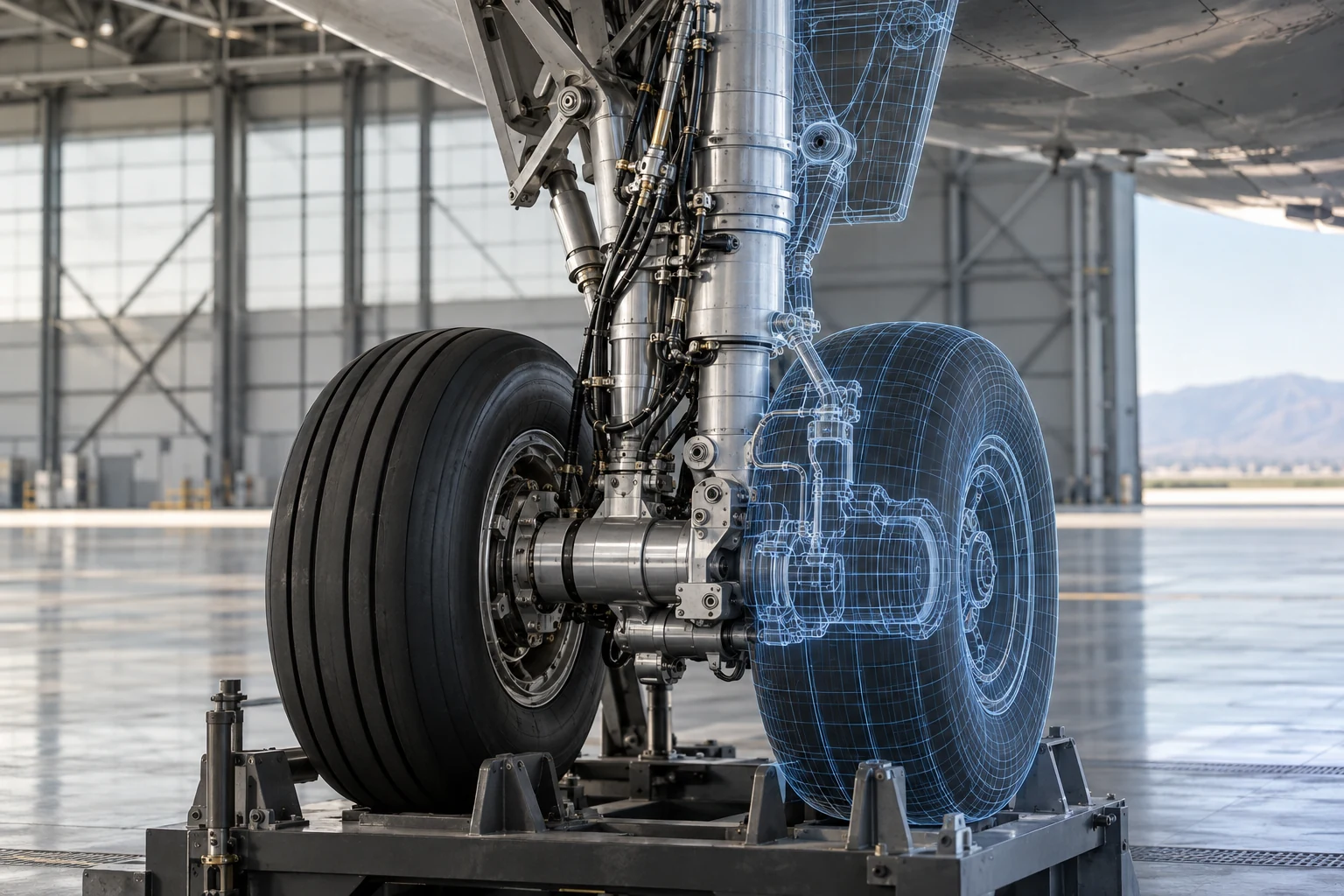 Aircraft landing gear on a stand with a fine wireframe overlay matching part of the assembly.