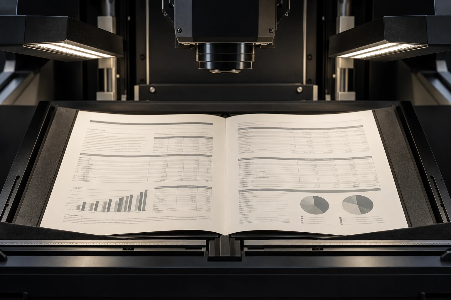 Open filing under an overhead document scanner with evenly illuminated pages.