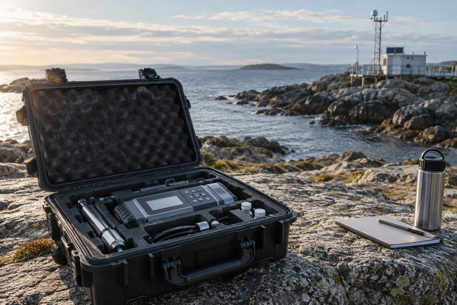 Rugged environmental sampling instrument at a coastal research station.