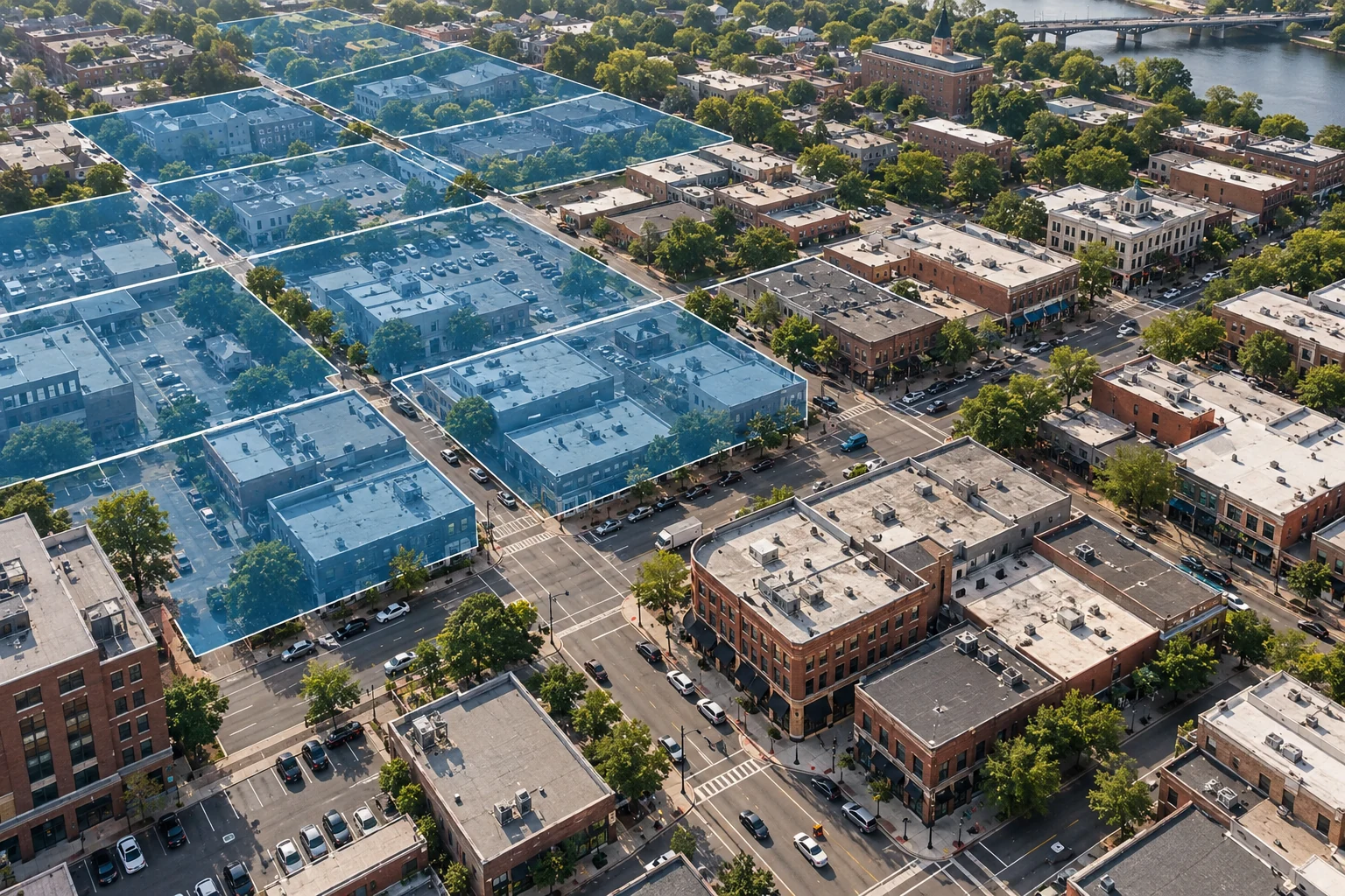 Urban intersection and retail district with a partial sampling overlay.