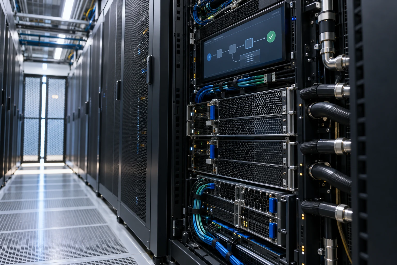 Accelerator rack with cooling and connectivity in a quiet data-center aisle.