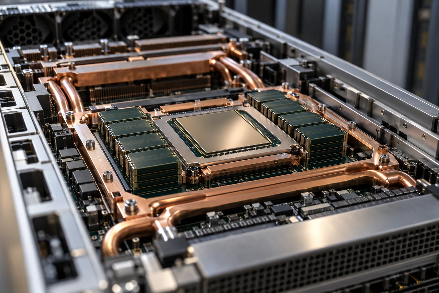 A close view of an accelerator board and copper cooling hardware.