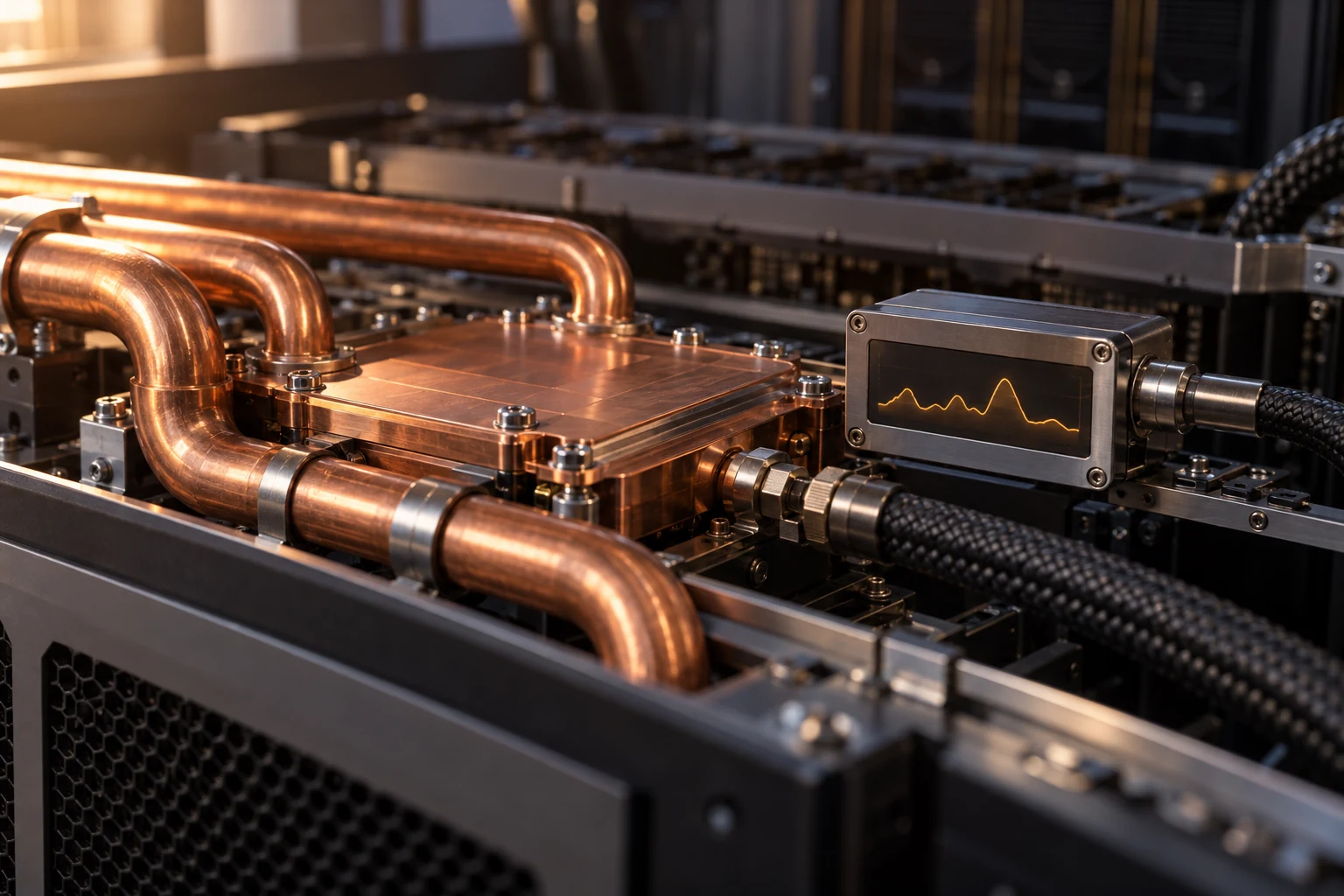 Liquid-cooled computing hardware beside a small illustrative measurement display.