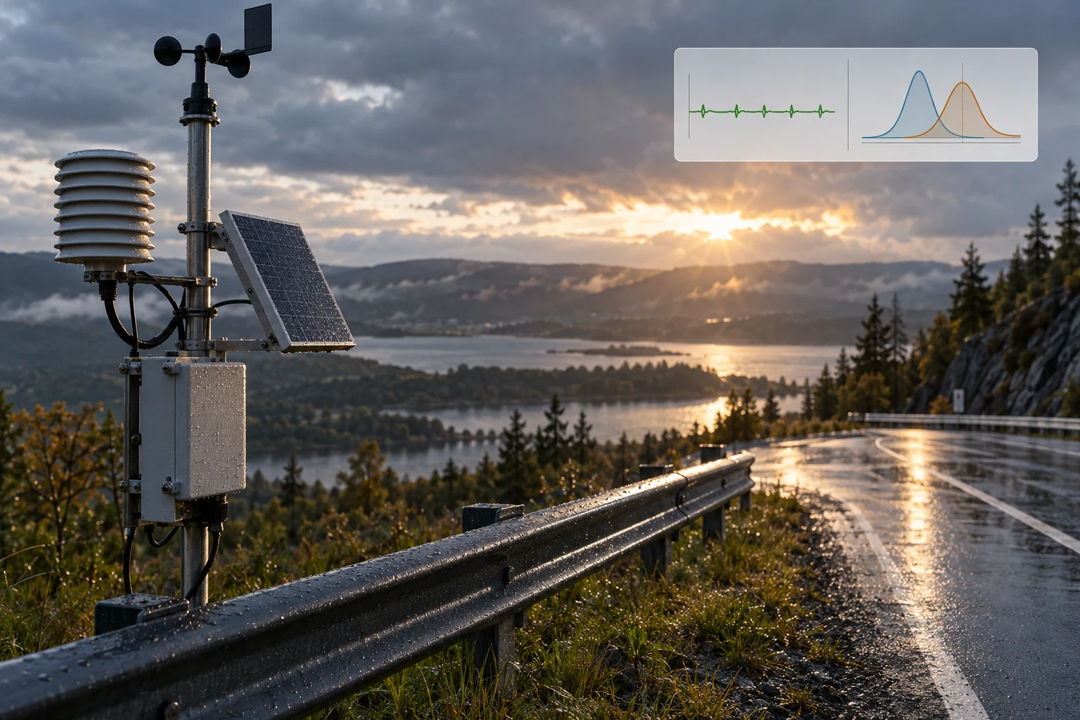 A roadside sensor after rain beside conceptual heartbeat and distribution views.