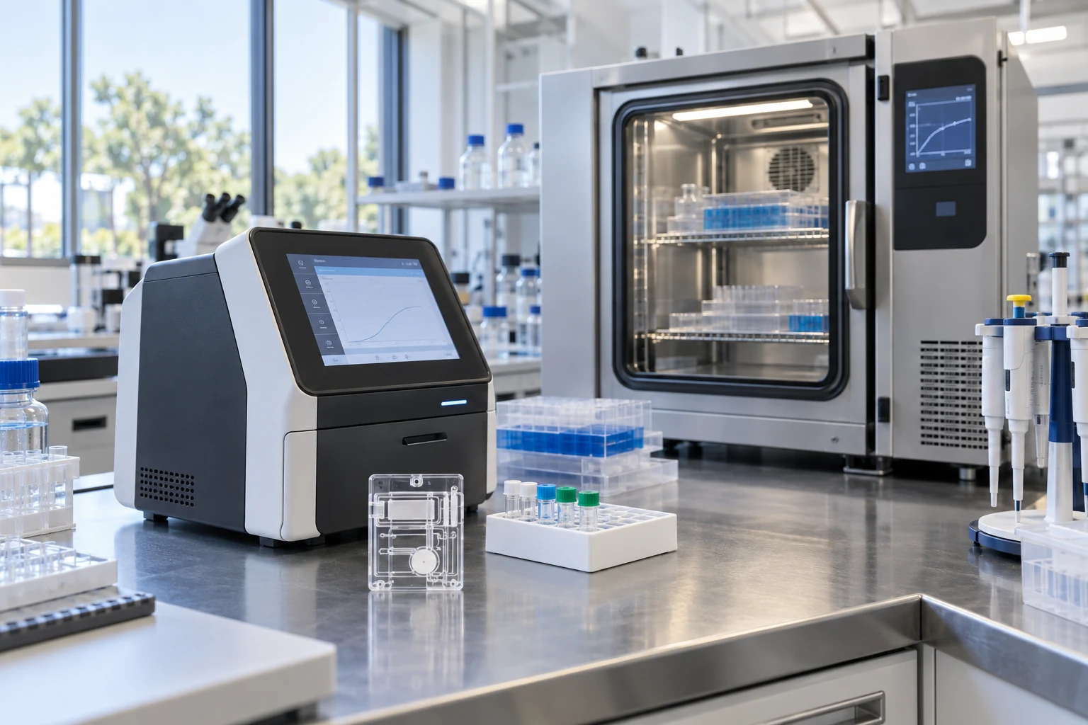 Diagnostic equipment and assay materials in an unoccupied laboratory.