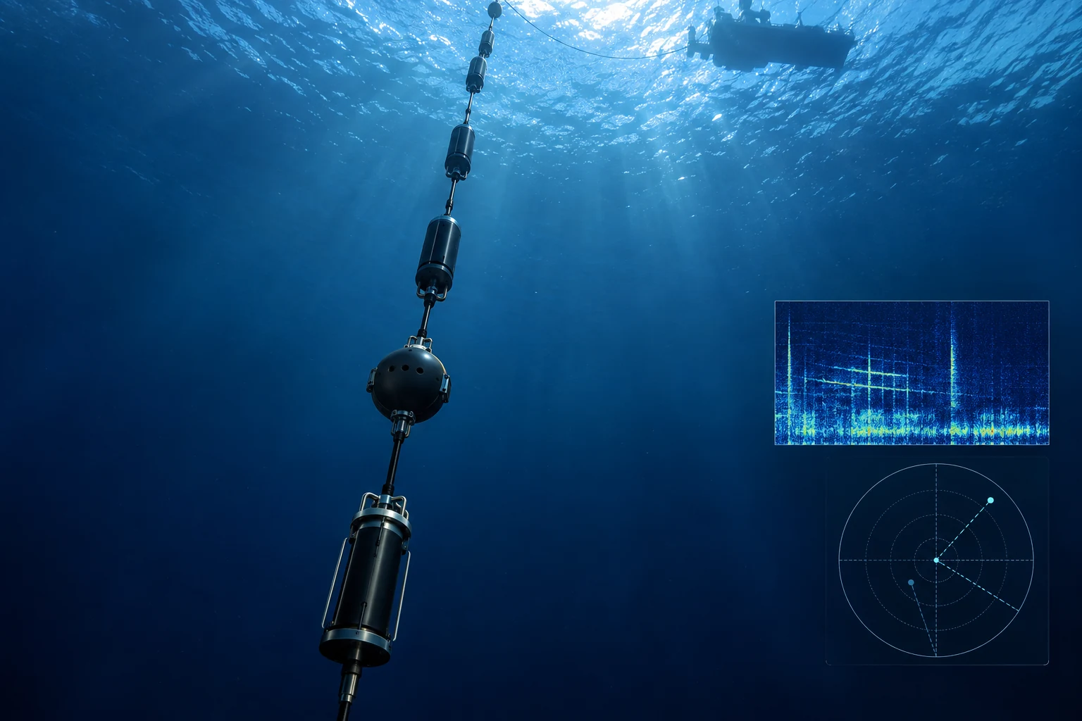 An underwater hydrophone array beside conceptual acoustic and bearing displays.