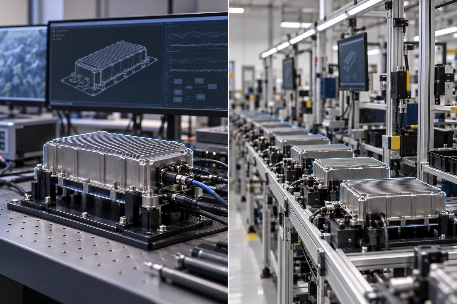 A component shown in a prototype test rig and a production acceptance line.