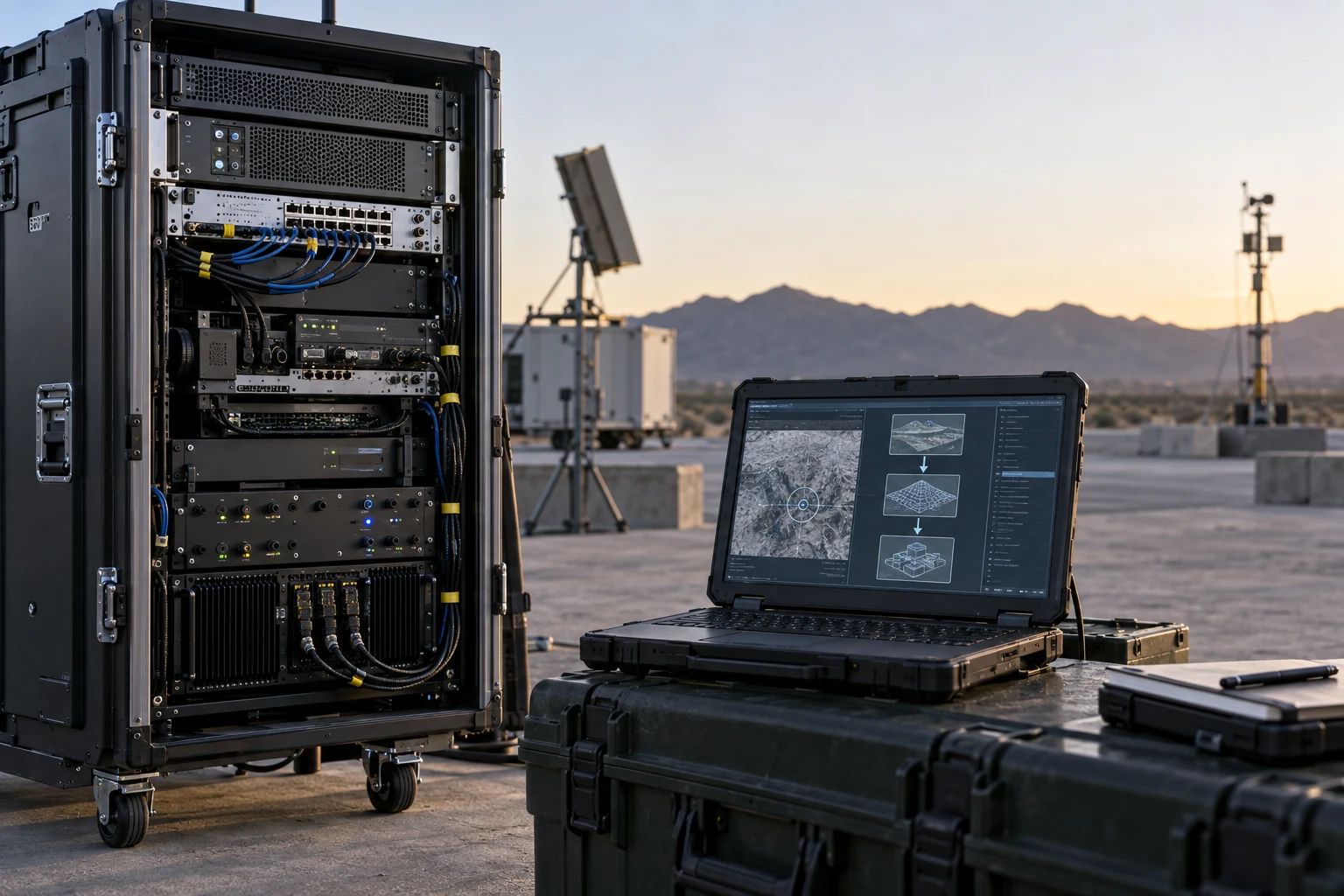 A rugged computing kit beside a modular test-range integration rack.