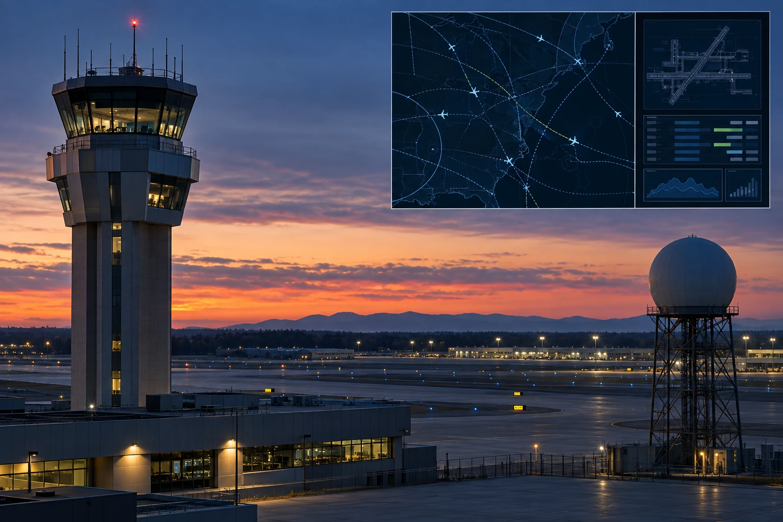 A control tower and radar installation beside a conceptual airspace-data inset.