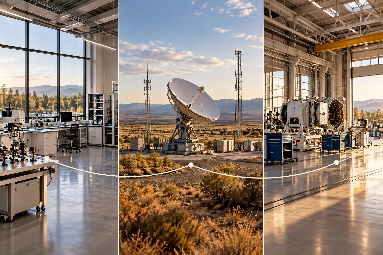 Research, communications testing and manufacturing facilities connected by a fine line.