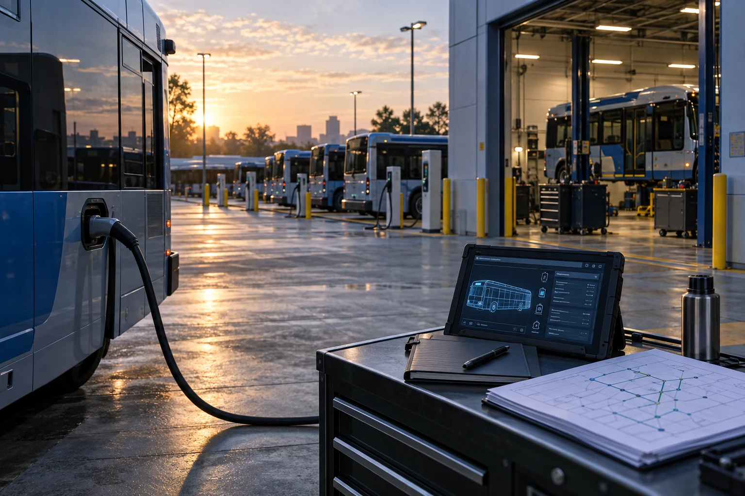 Transit vehicles and maintenance diagnostics at an empty depot.